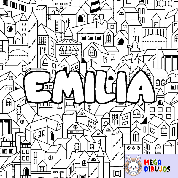 Coloraci&oacute;n del nombre EMILIA - decorado ciudad