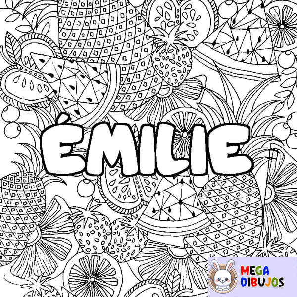 Coloraci&oacute;n del nombre &Eacute;MILIE - decorado mandala de frutas