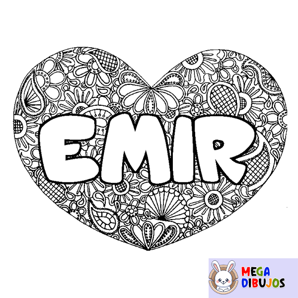 Coloraci&oacute;n del nombre EMIR - decorado mandala de coraz&oacute;n