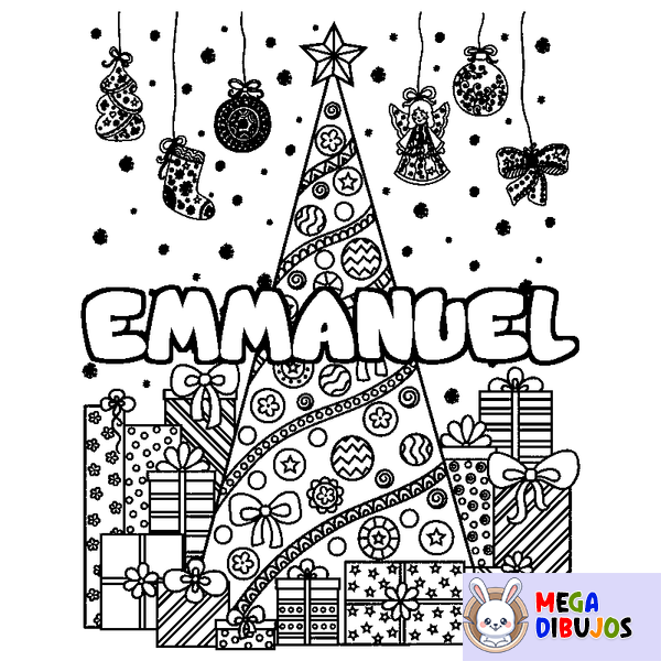Coloraci&oacute;n del nombre EMMANUEL - decorado &aacute;rbol de Navidad y regalos