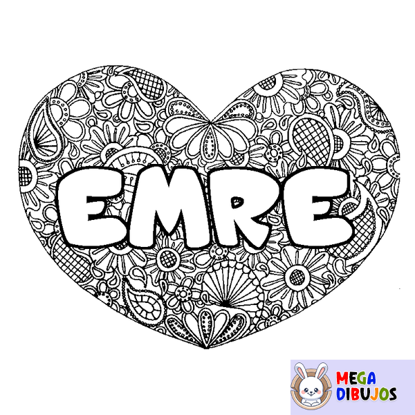 Coloraci&oacute;n del nombre EMRE - decorado mandala de coraz&oacute;n