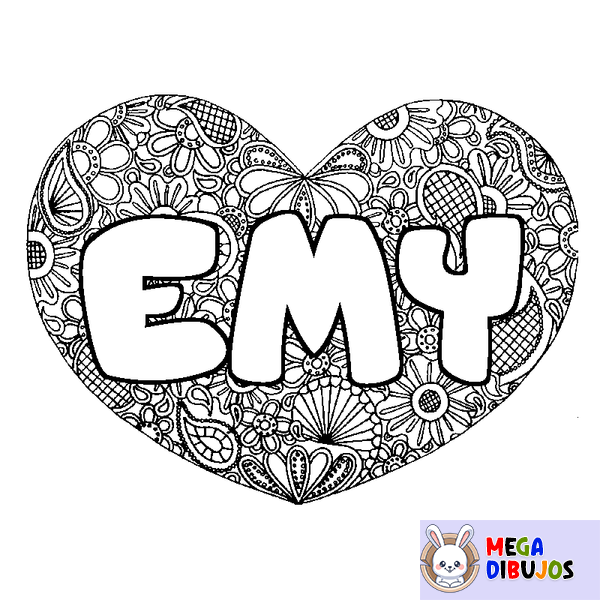 Coloraci&oacute;n del nombre EMY - decorado mandala de coraz&oacute;n