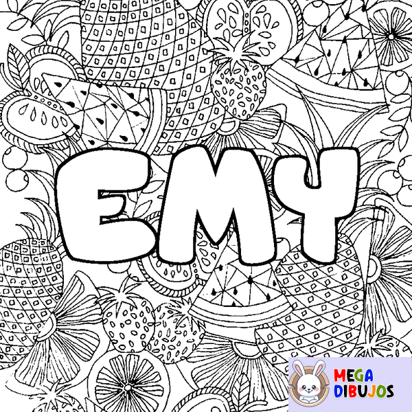 Coloraci&oacute;n del nombre EMY - decorado mandala de frutas