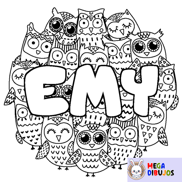 Coloraci&oacute;n del nombre EMY - decorado b&uacute;hos