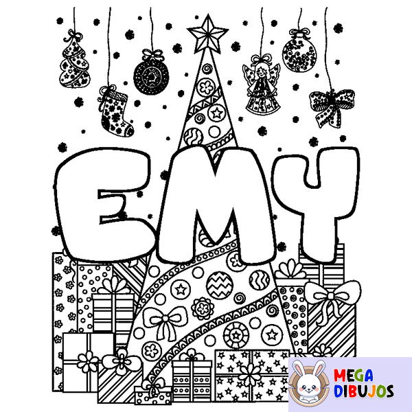 Coloraci&oacute;n del nombre EMY - decorado &aacute;rbol de Navidad y regalos