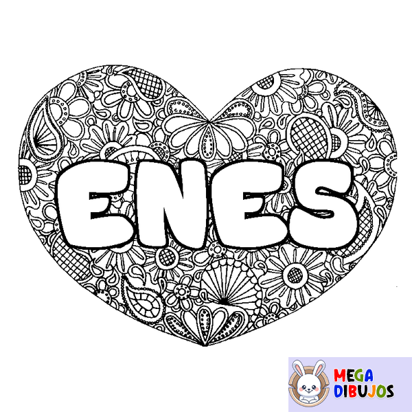 Coloraci&oacute;n del nombre ENES - decorado mandala de coraz&oacute;n