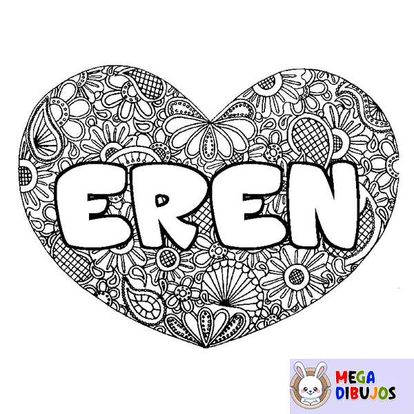 Coloraci&oacute;n del nombre EREN - decorado mandala de coraz&oacute;n