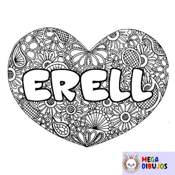 Coloraci&oacute;n del nombre ERELL - decorado mandala de coraz&oacute;n