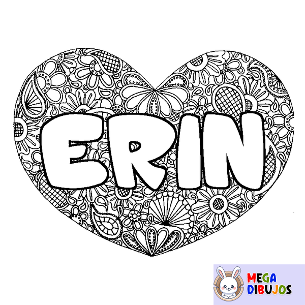 Coloraci&oacute;n del nombre ERIN - decorado mandala de coraz&oacute;n