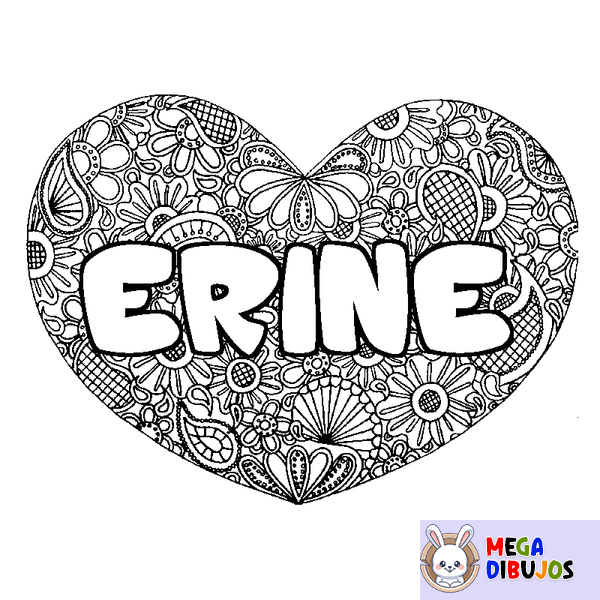 Coloraci&oacute;n del nombre ERINE - decorado mandala de coraz&oacute;n