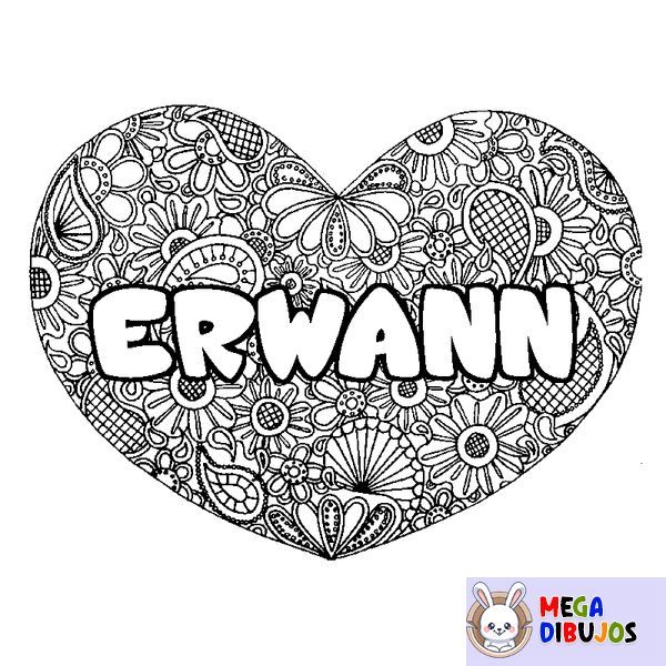 Coloraci&oacute;n del nombre ERWANN - decorado mandala de coraz&oacute;n