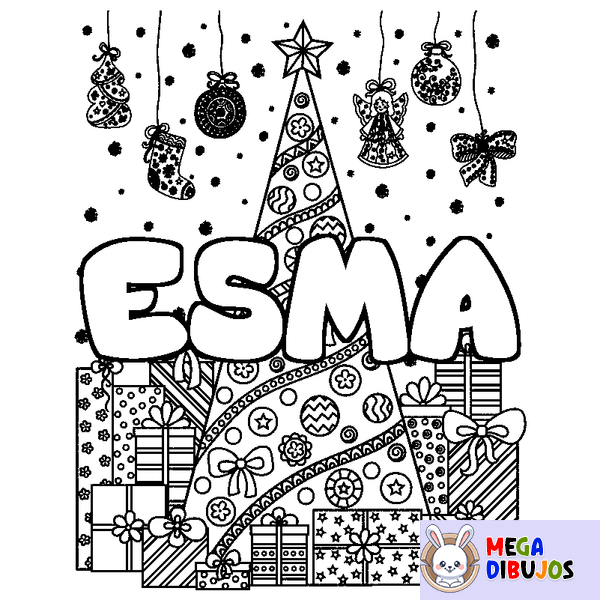Coloraci&oacute;n del nombre ESMA - decorado &aacute;rbol de Navidad y regalos
