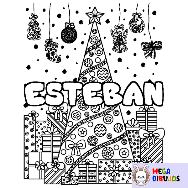 Coloraci&oacute;n del nombre ESTEBAN - decorado &aacute;rbol de Navidad y regalos