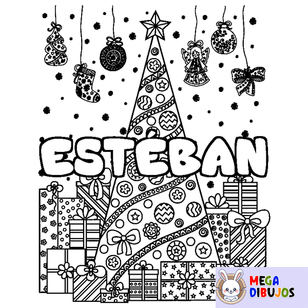 Coloraci&oacute;n del nombre EST&Eacute;BAN - decorado &aacute;rbol de Navidad y regalos