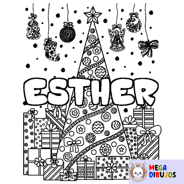 Coloraci&oacute;n del nombre ESTHER - decorado &aacute;rbol de Navidad y regalos