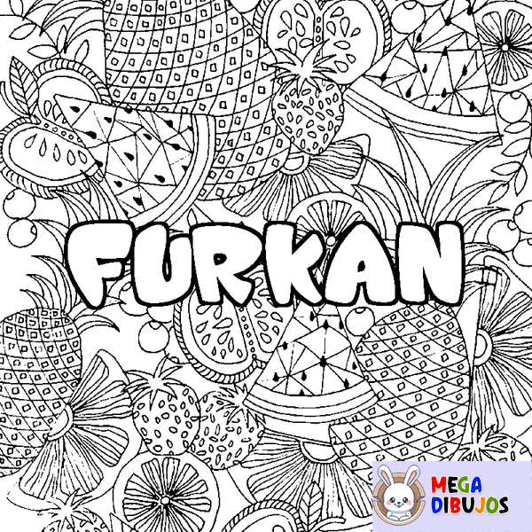 Coloraci&oacute;n del nombre FURKAN - decorado mandala de frutas