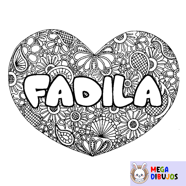 Coloraci&oacute;n del nombre FADILA - decorado mandala de coraz&oacute;n