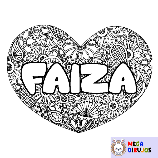 Coloraci&oacute;n del nombre FAIZA - decorado mandala de coraz&oacute;n