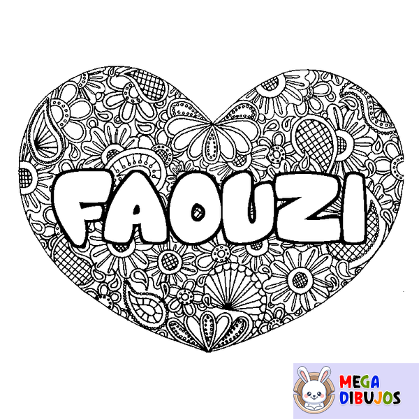 Coloraci&oacute;n del nombre FAOUZI - decorado mandala de coraz&oacute;n