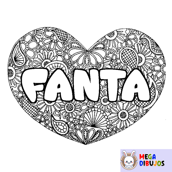 Coloraci&oacute;n del nombre FANTA - decorado mandala de coraz&oacute;n