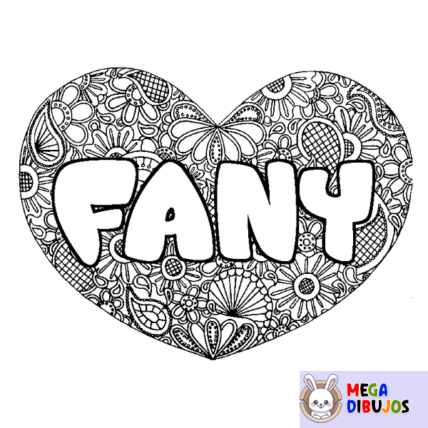 Coloraci&oacute;n del nombre FANY - decorado mandala de coraz&oacute;n