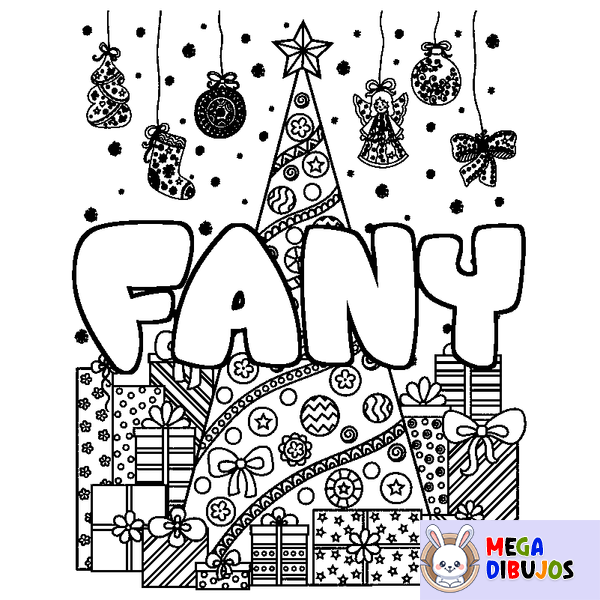 Coloraci&oacute;n del nombre FANY - decorado &aacute;rbol de Navidad y regalos
