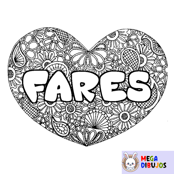 Coloraci&oacute;n del nombre FARES - decorado mandala de coraz&oacute;n