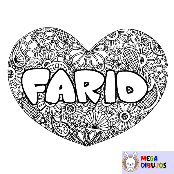 Coloraci&oacute;n del nombre FARID - decorado mandala de coraz&oacute;n