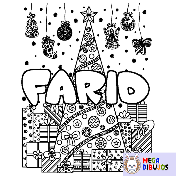 Coloraci&oacute;n del nombre FARID - decorado &aacute;rbol de Navidad y regalos
