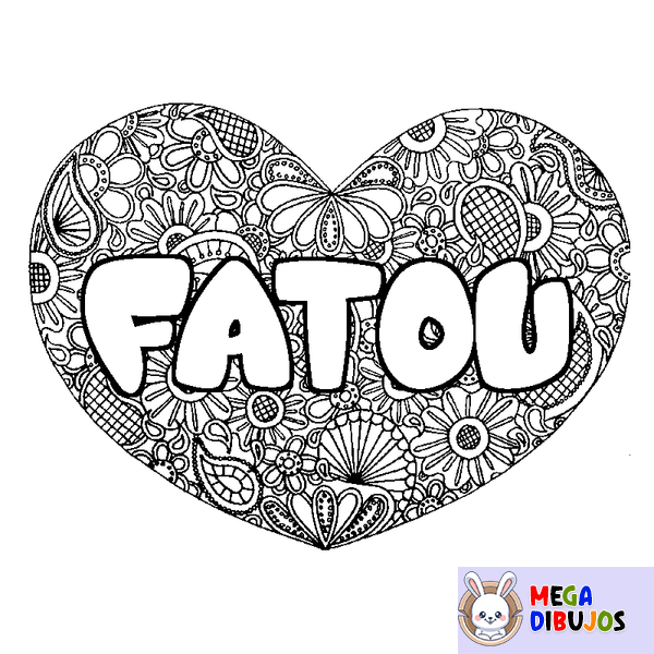 Coloraci&oacute;n del nombre FATOU - decorado mandala de coraz&oacute;n