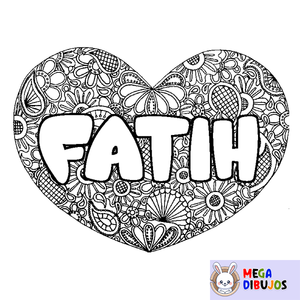 Coloraci&oacute;n del nombre FATIH - decorado mandala de coraz&oacute;n