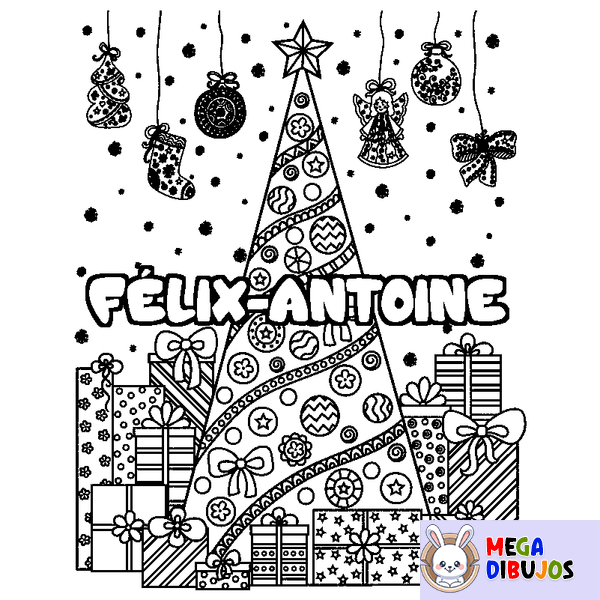 Coloraci&oacute;n del nombre F&Eacute;LIX-ANTOINE - decorado &aacute;rbol de Navidad y regalos