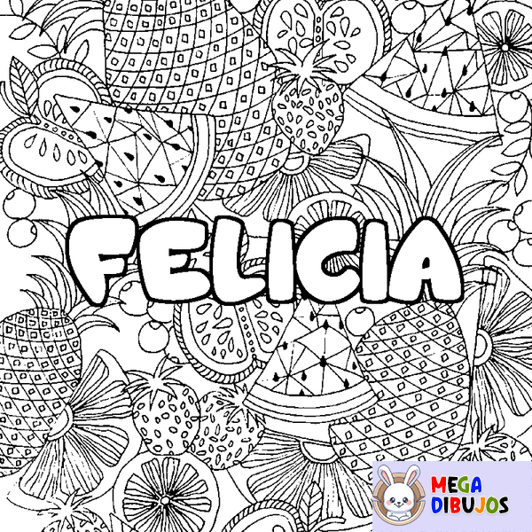 Coloraci&oacute;n del nombre FELICIA - decorado mandala de frutas