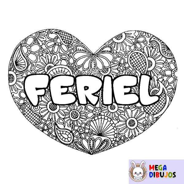 Coloraci&oacute;n del nombre FERIEL - decorado mandala de coraz&oacute;n