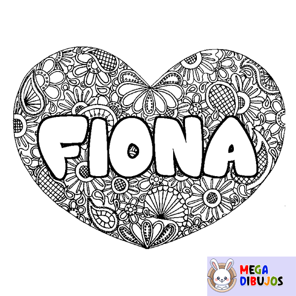 Coloraci&oacute;n del nombre FIONA - decorado mandala de coraz&oacute;n
