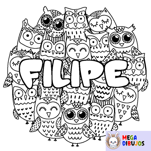 Coloraci&oacute;n del nombre FILIPE - decorado b&uacute;hos