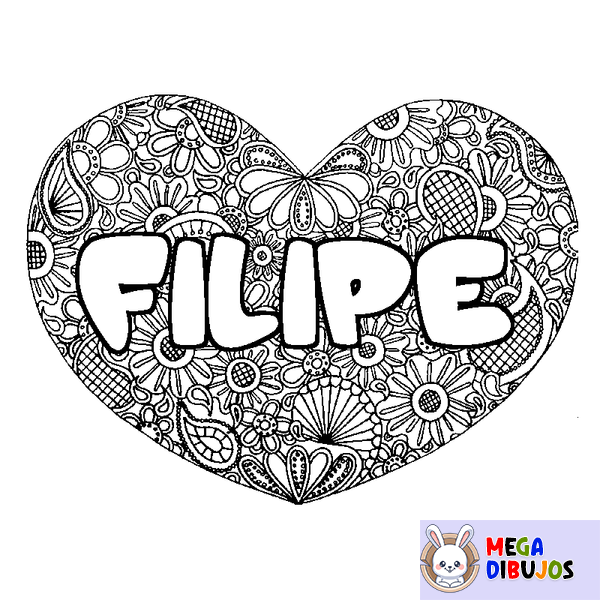 Coloraci&oacute;n del nombre FILIPE - decorado mandala de coraz&oacute;n