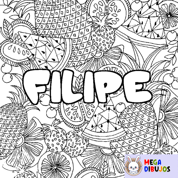 Coloraci&oacute;n del nombre FILIPE - decorado mandala de frutas