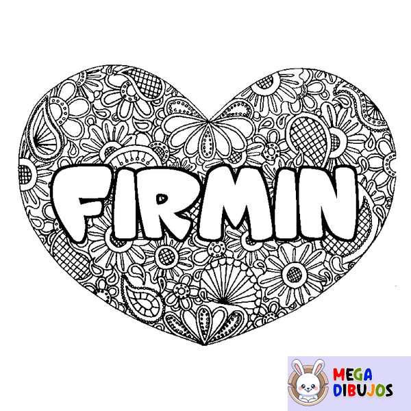 Coloraci&oacute;n del nombre FIRMIN - decorado mandala de coraz&oacute;n