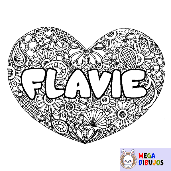 Coloraci&oacute;n del nombre FLAVIE - decorado mandala de coraz&oacute;n
