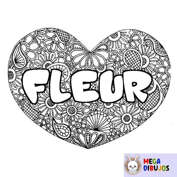 Coloraci&oacute;n del nombre FLEUR - decorado mandala de coraz&oacute;n