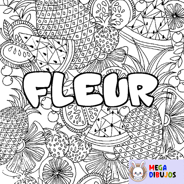 Coloraci&oacute;n del nombre FLEUR - decorado mandala de frutas