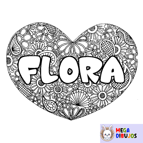 Coloraci&oacute;n del nombre FLORA - decorado mandala de coraz&oacute;n