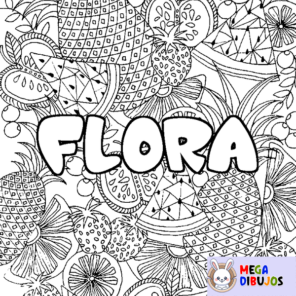 Coloraci&oacute;n del nombre FLORA - decorado mandala de frutas