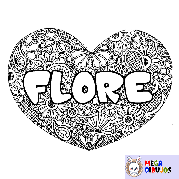 Coloraci&oacute;n del nombre FLORE - decorado mandala de coraz&oacute;n