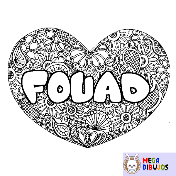 Coloraci&oacute;n del nombre FOUAD - decorado mandala de coraz&oacute;n