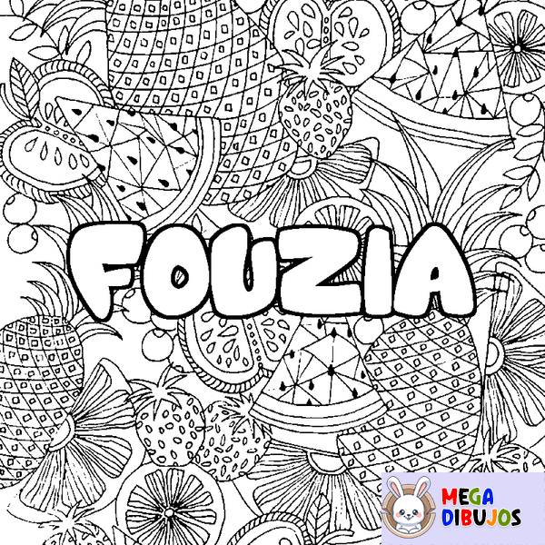 Coloraci&oacute;n del nombre FOUZIA - decorado mandala de frutas