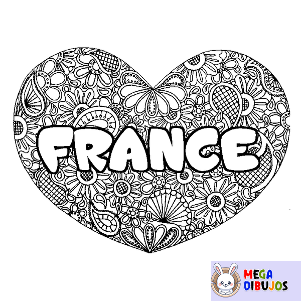 Coloraci&oacute;n del nombre FRANCE - decorado mandala de coraz&oacute;n