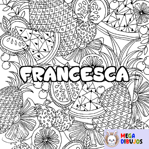 Coloraci&oacute;n del nombre FRANCESCA - decorado mandala de frutas