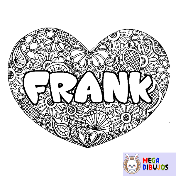Coloraci&oacute;n del nombre FRANK - decorado mandala de coraz&oacute;n